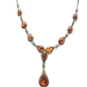 Vintage Sterling silver amber y necklace. Vintage amber teardrop necklace